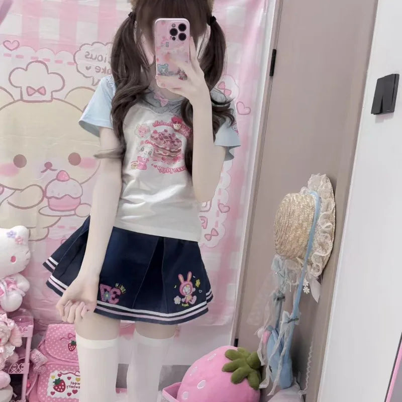 SweetCartoon™ – Embroidered Pleated Y2K Skirt (Cute A-line Faldas)