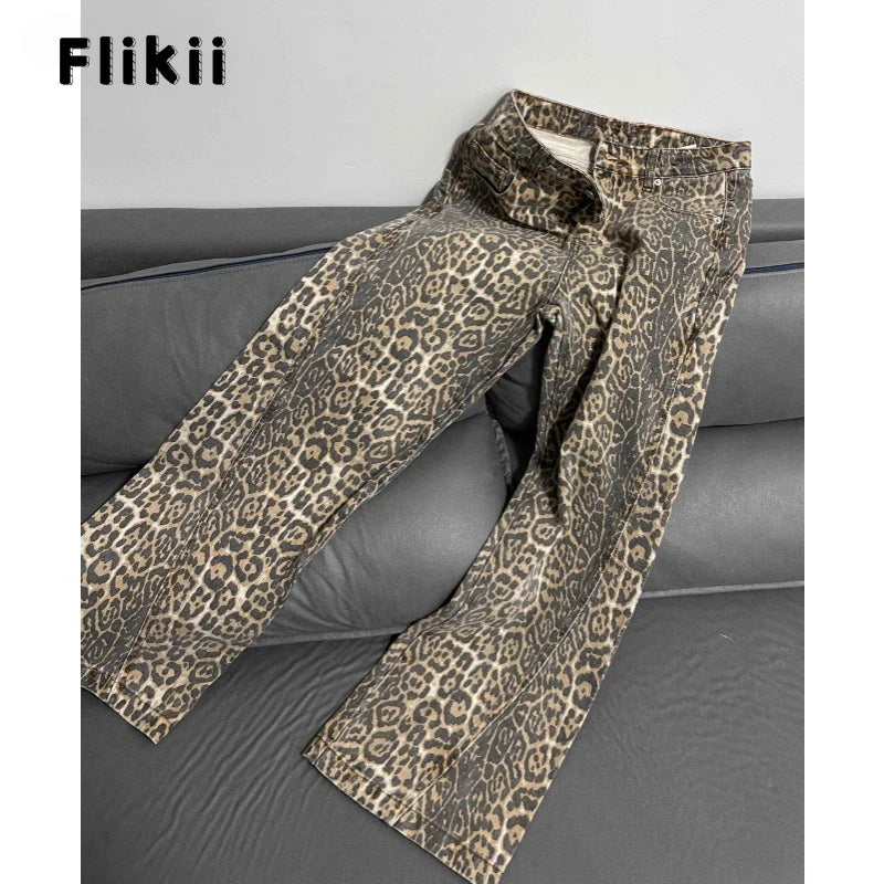 Leopard Print Retro Baggy Denim Pants