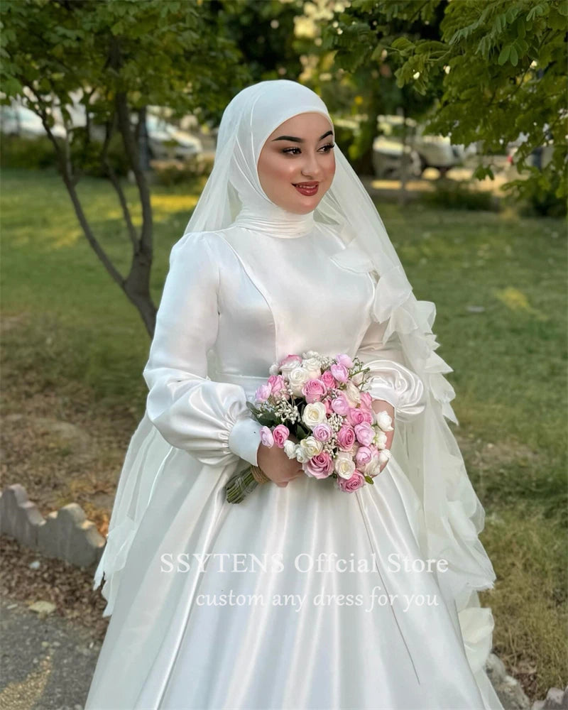 Muslim A-Line satin wedding dress with high collar, featuring elegant draped design and lace-up closure.