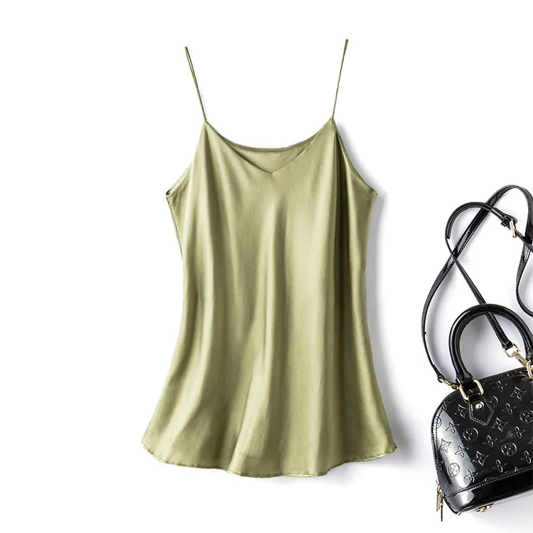 BandeauSilk™ Double-Layer Mulberry Silk Camisole in olive green with adjustable straps and stylish design.