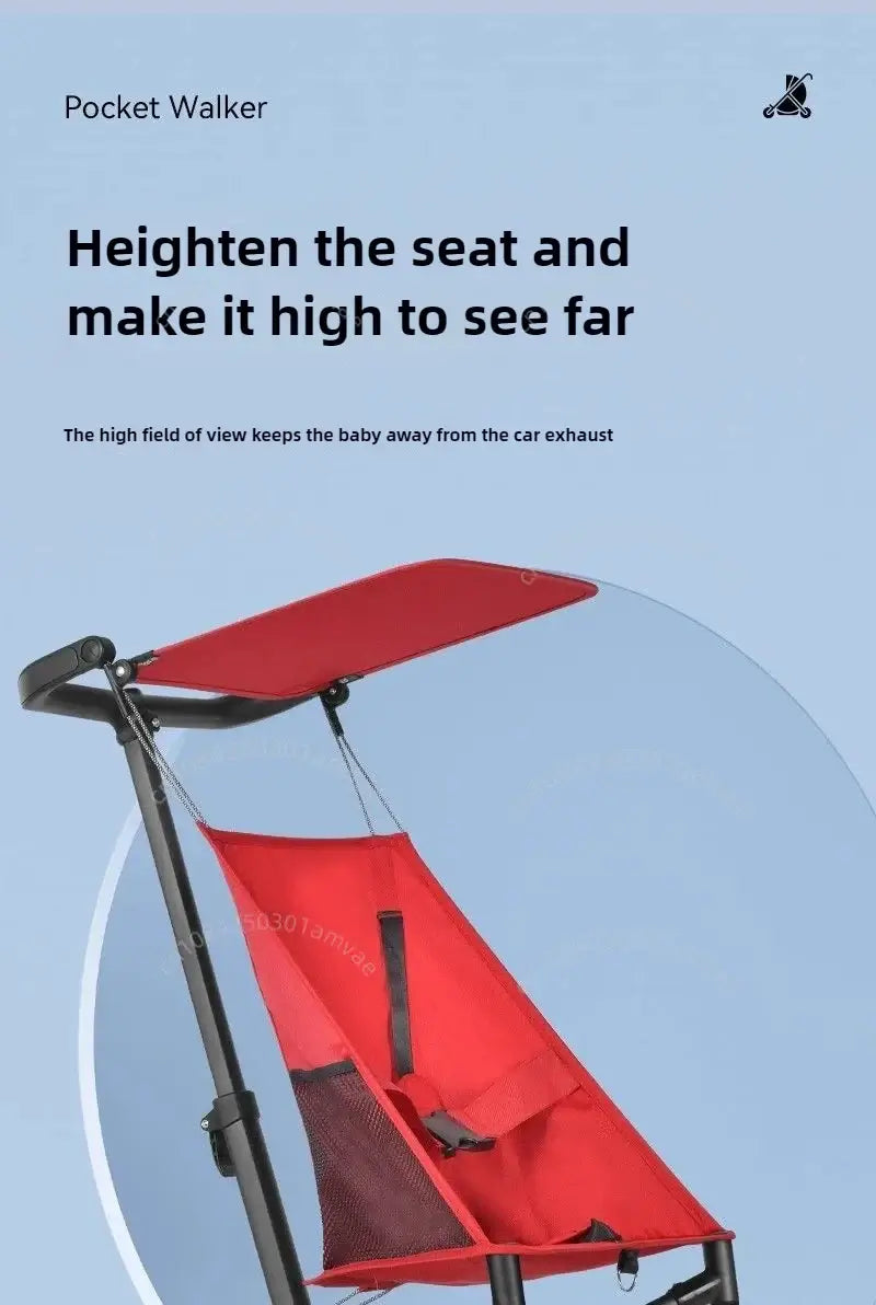 Lightweight baby stroller with red seat and canopy designed for safety and comfort, ideal for outdoor use.