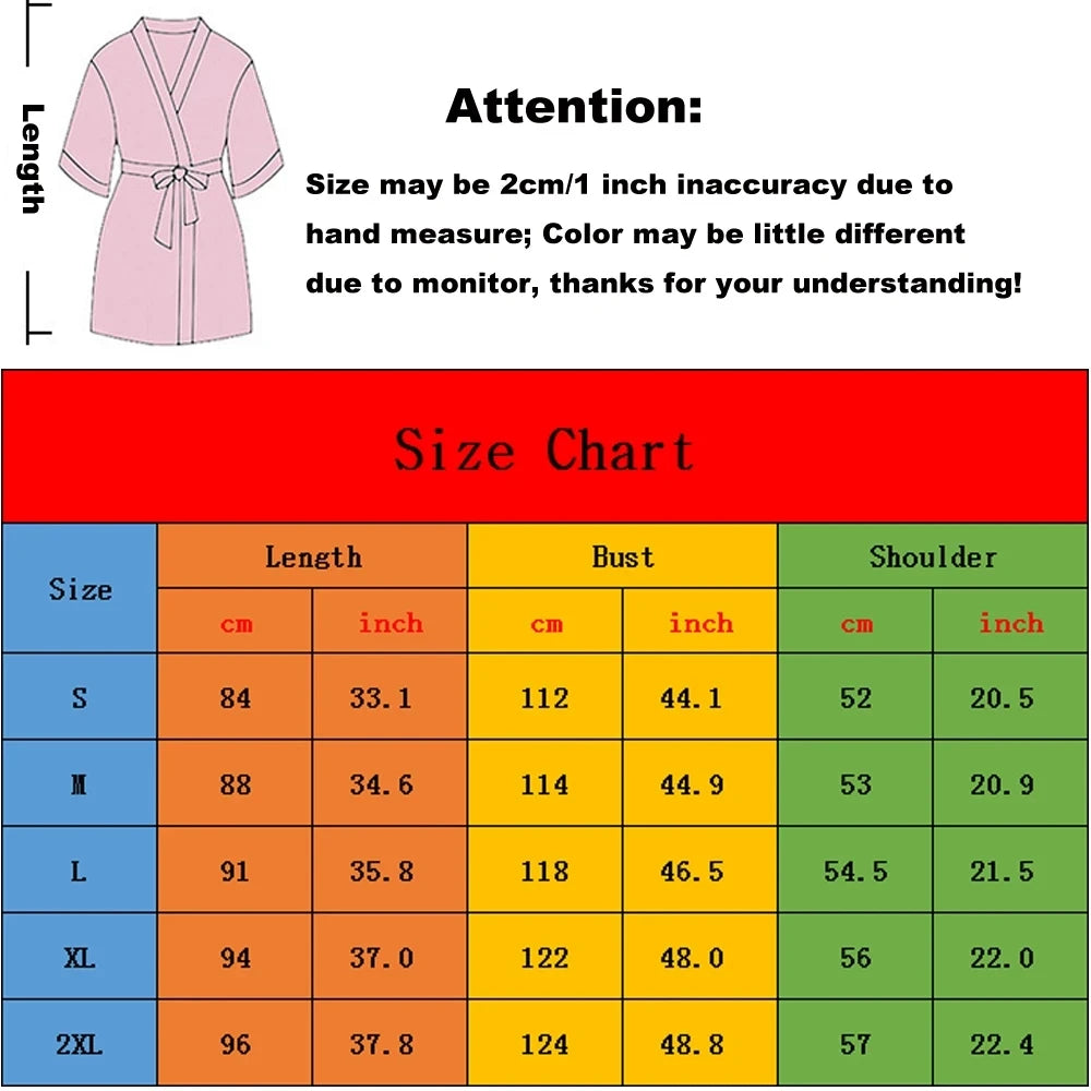 Size chart for Team Bride satin robe in various sizes, showing measurements for length, bust, and shoulder.