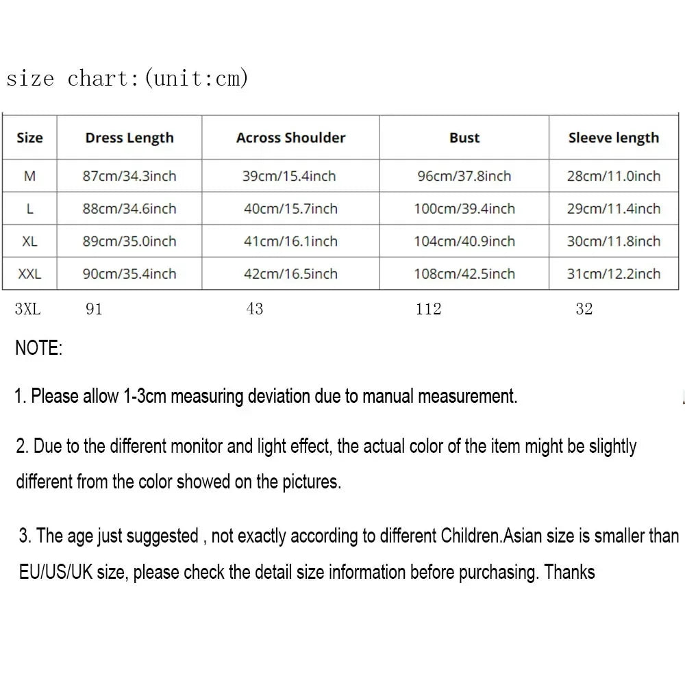 Size chart for Loose Korean Cartoon Cat Maternity Dress, showing dimensions for M, XL, XXL, and 3XL.