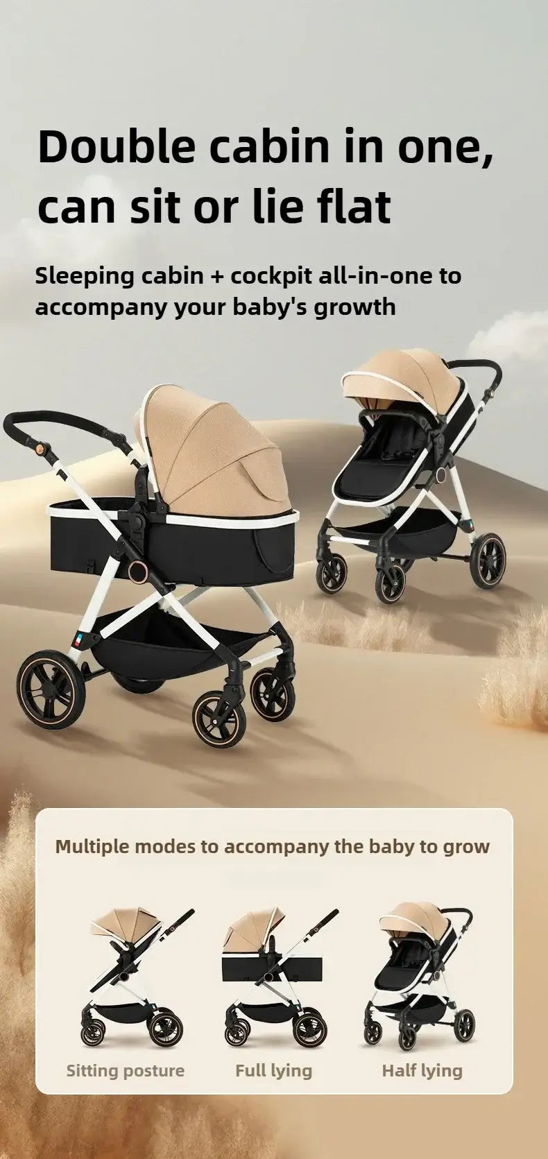 Lightweight baby stroller with double cabin feature, showcasing sitting and lying positions for versatile use.