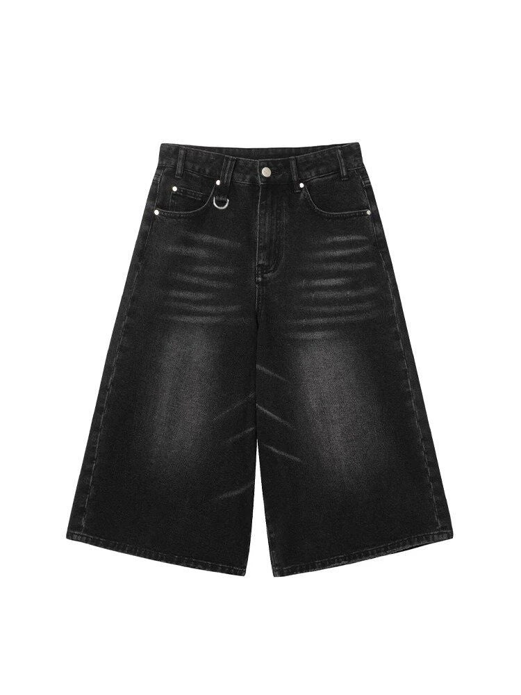 FadeMid™ – Black Retro Loose Shorts (High Waist, Y2K Mid-Length)