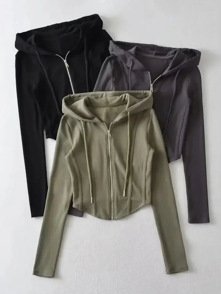 Women Cropped Zip Hoodie Y2K Corset Hem Sweatshirt