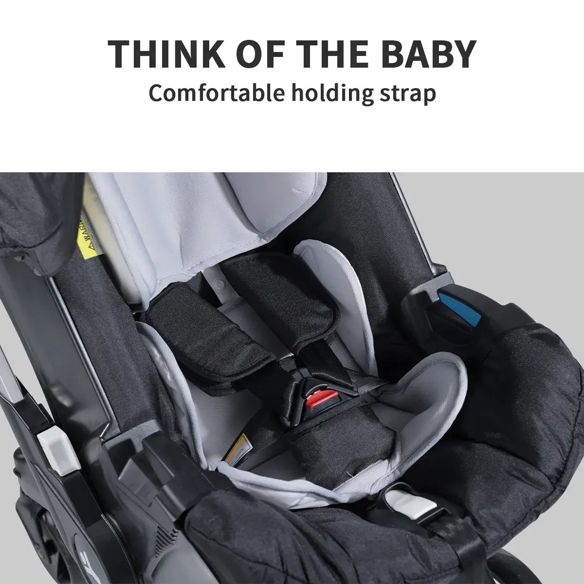 Baby stroller interior with comfortable holding strap for secure and safe use.