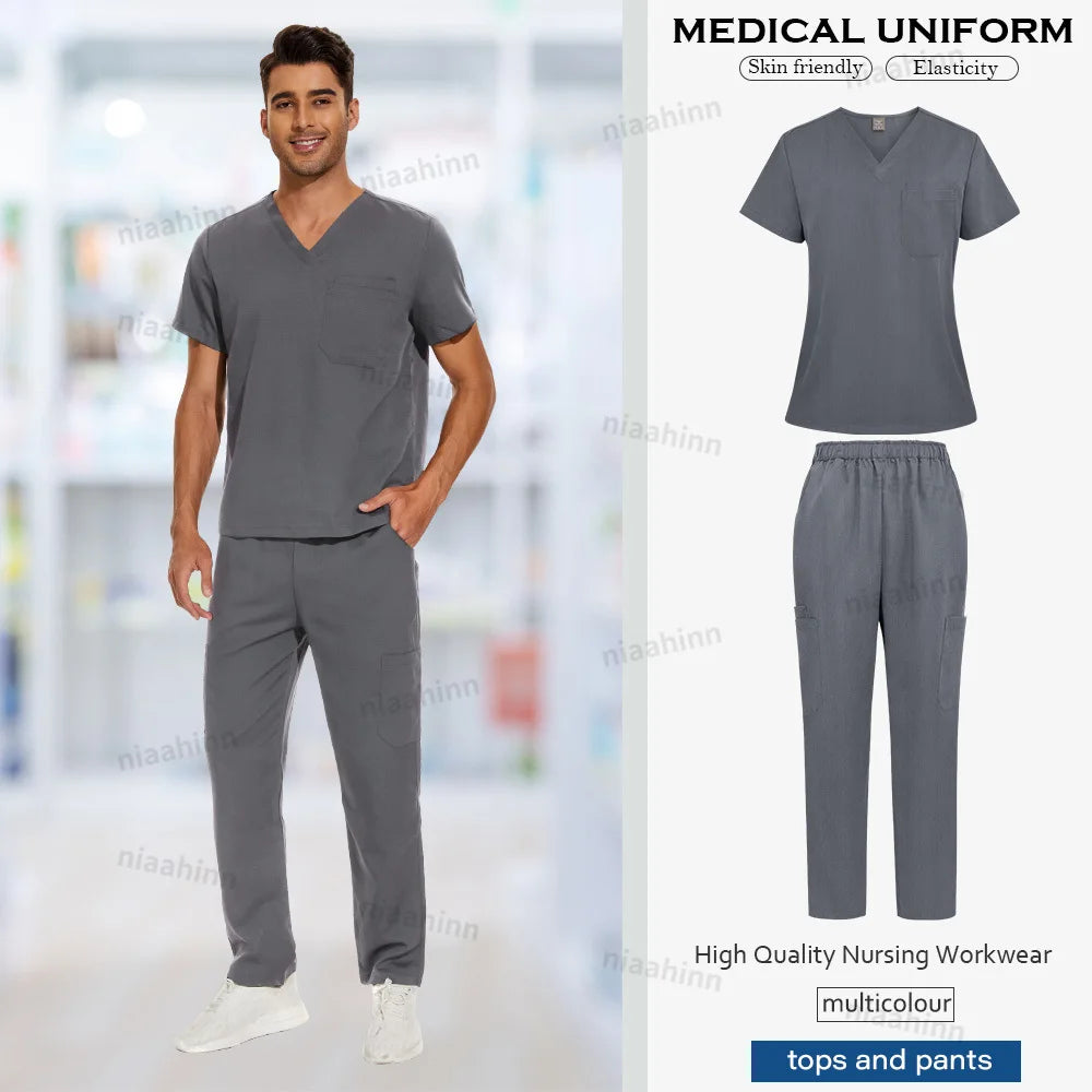 Multicolor surgical gown set featuring breathable fabric and stylish design for men in grey, ideal for hospital uniforms.