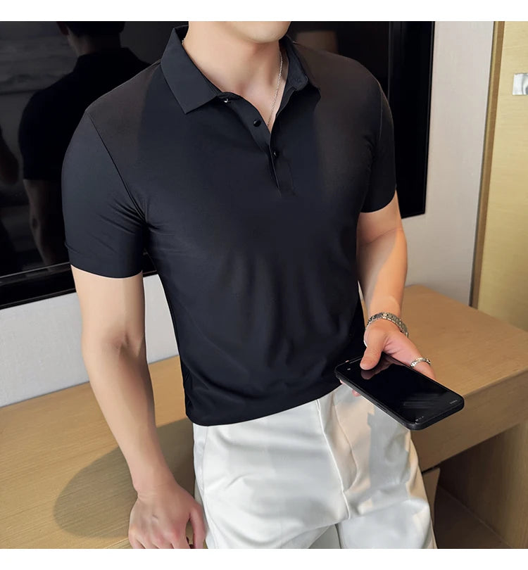 Men Ice Silk Polo Shirt Brown Top