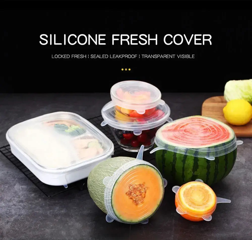 Set of silicone stretch lids in various sizes, ideal for sealing food and keeping it fresh in kitchen and microwave.