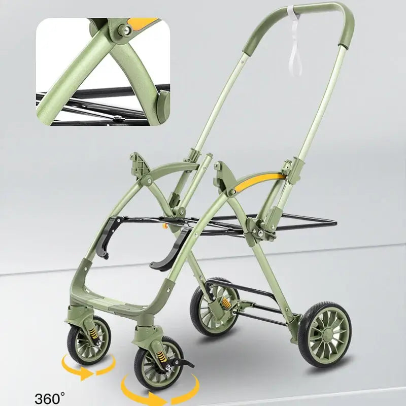Lightweight bi-directional baby stroller with 360° swivel wheels, foldable design, and high carbon steel frame.