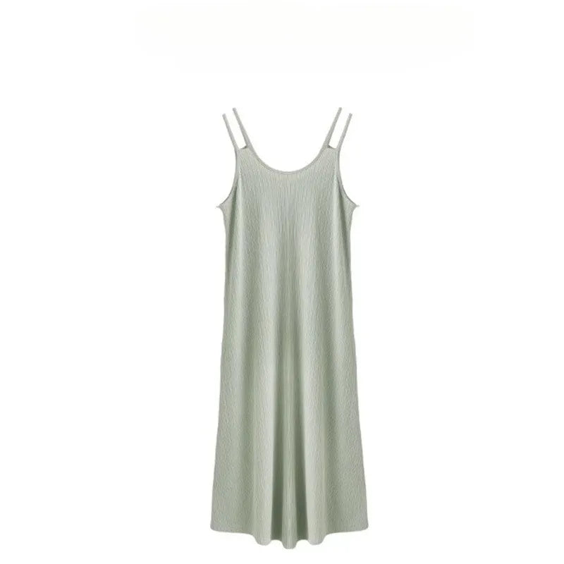 Sleeveless strap maternity dress in light green, casual summer style, perfect for outdoor wear.
