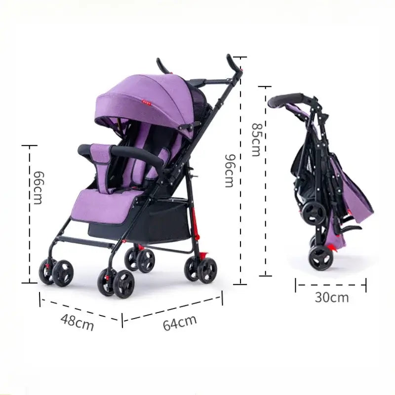 Purple baby stroller with dimensions shown, designed for infants up to 3 years, featuring a foldable design.