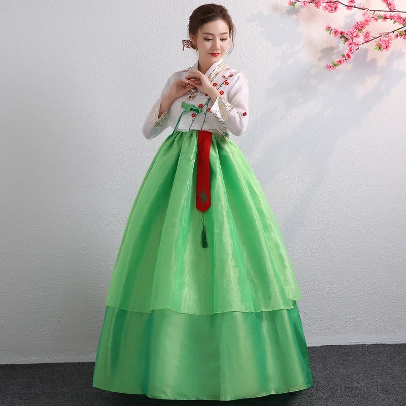 Korean Palace Hanbok - Traditional dress for women in vibrant green, suitable for dance and special occasions.