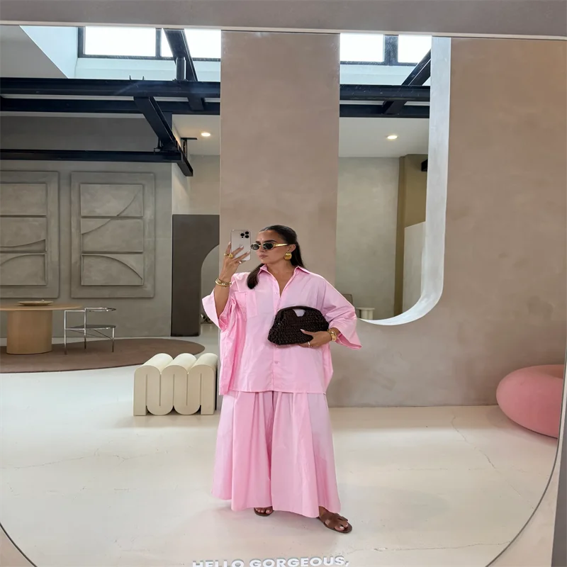 طقم بنطال نسائي من القطن بقصة واسعة