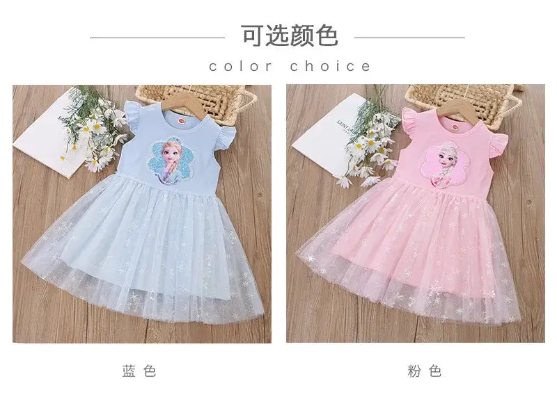 Girls summer princess dresses in blue and pink with cartoon design, perfect for ages 4-6, featuring a comfortable fit.
