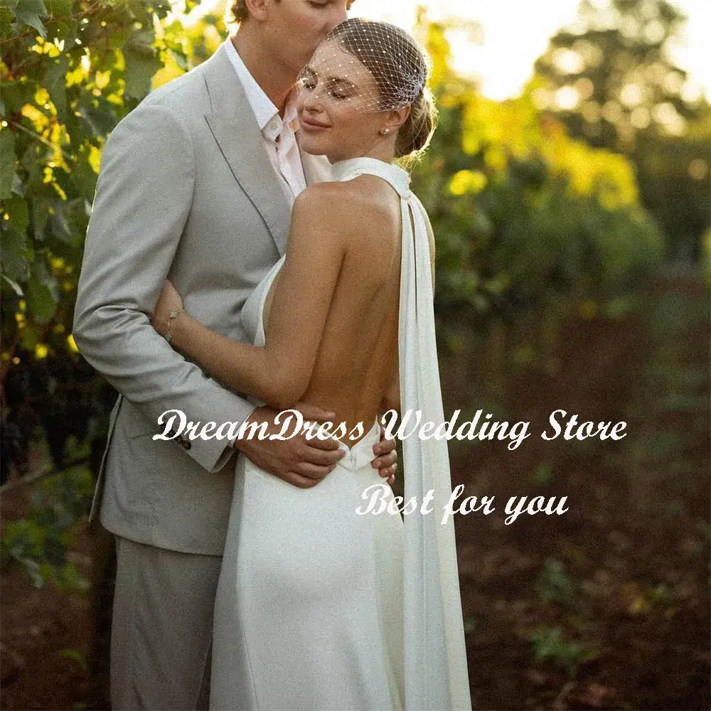 فستان زفاف نسائي من الكريب بتصميم حورية البحر بدون ظهر