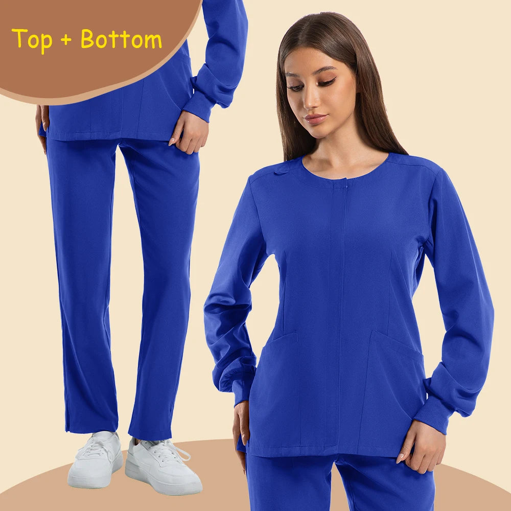 Women's long sleeve jogging style surgery scrubs in blue with pockets, perfect for medical professionals and clinics.