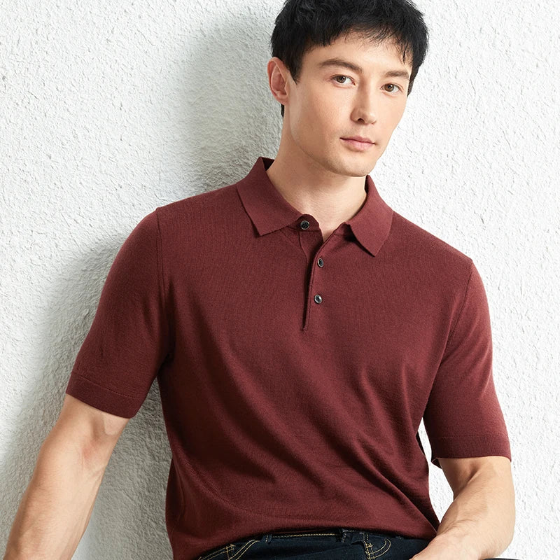 Men Short Sleeve Wool Polo Knit