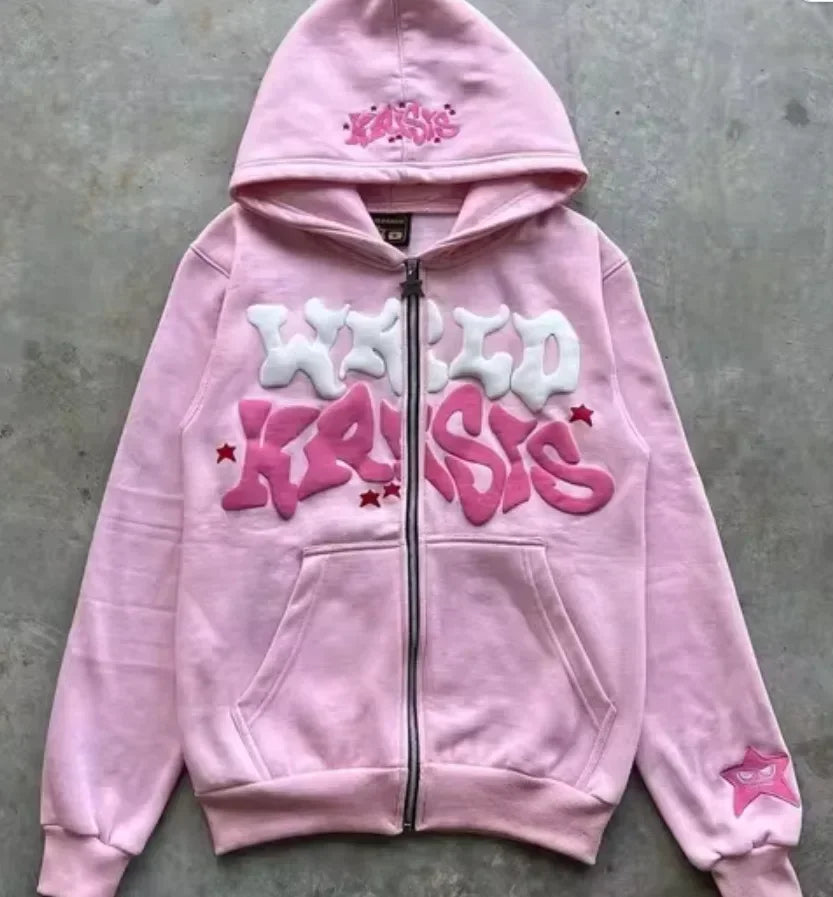 Unisex Retro Letter Zip Hoodie