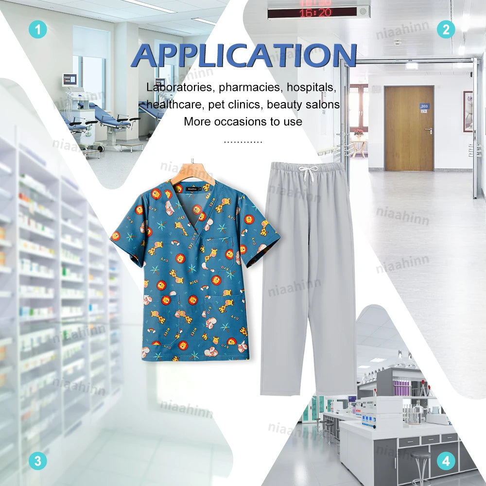 Cartoon print dental scrubs applied in healthcare settings like hospitals and pet grooming institutions.