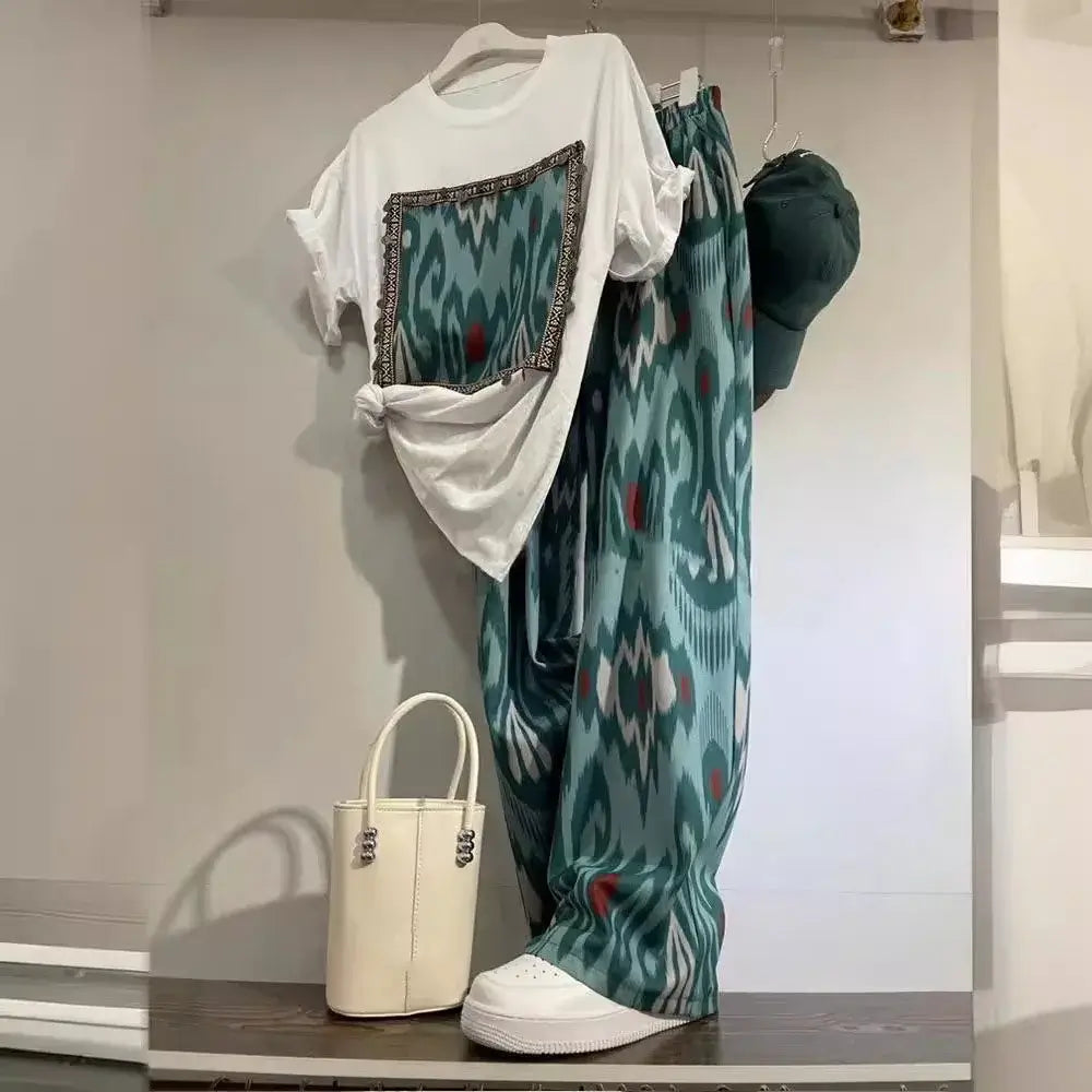 Women Summer Patchwork T-Shirt Pants Set