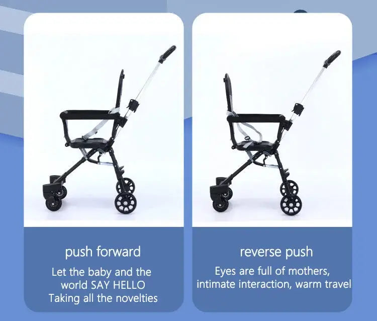 Light foldable baby stroller showcasing push forward and reverse push features for versatile travel.