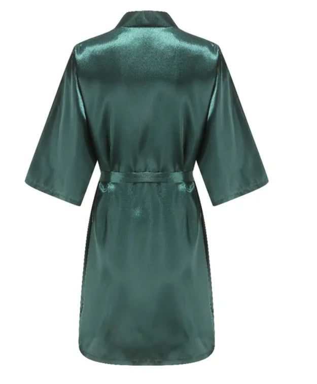 Back view of a knee-length satin bridesmaid robe in forest green with a belt, perfect for summer occasions.