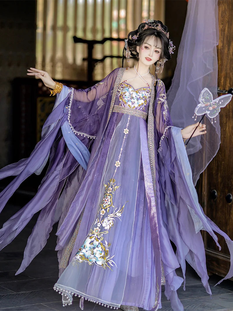 Gradient Embroidery Hanfu Carnival Costume for women in purple, featuring intricate floral designs and flowing sleeves.