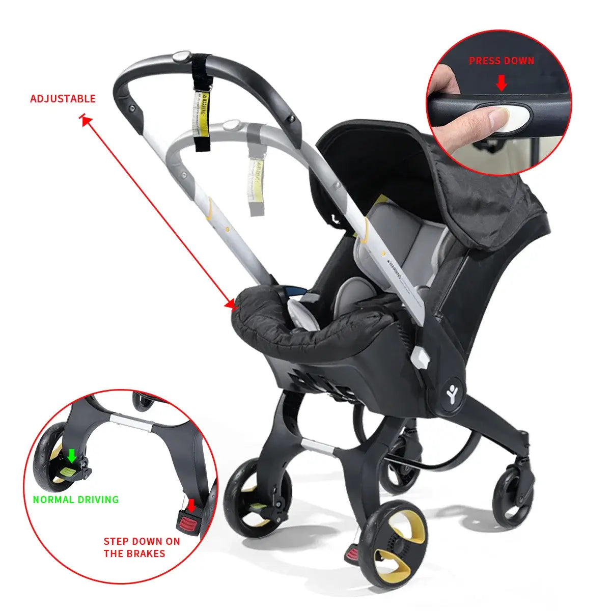 Adjustable baby stroller with metal frame and brakes for safety, suitable for infants and toddlers, foldable design.