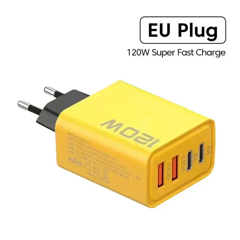 120W USB Type C Fast Charger in yellow with EU plug, designed for rapid charging of all devices.