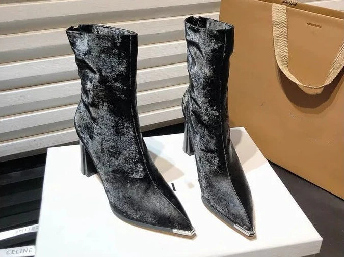 Women Mid Calf Boots Leather Cowboy Heels