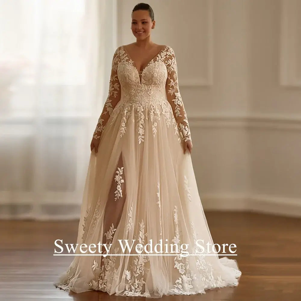 فستان زفاف نسائي بأكمام طويلة وتطريز لامع بمقاسات كبيرة