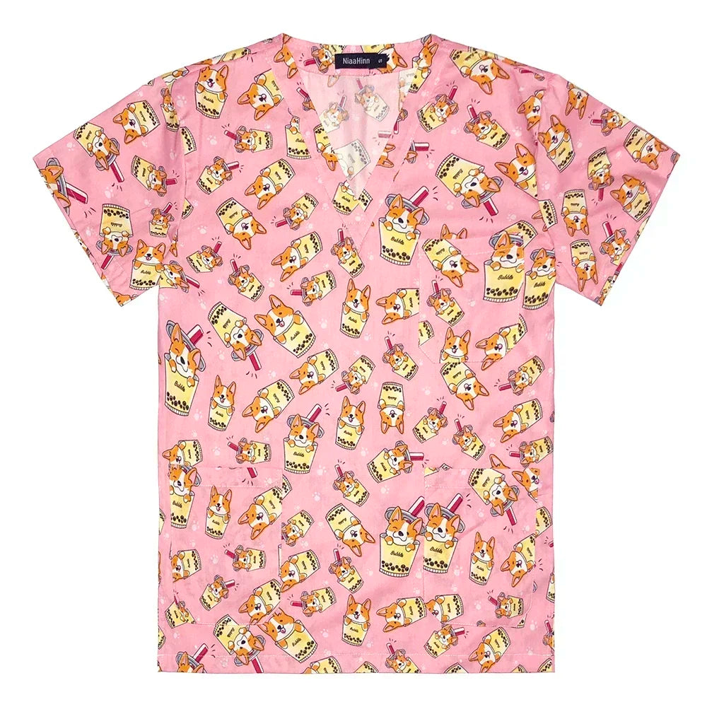Pink women's nurse scrubs with cute cartoon prints, featuring various playful anime designs and a v-neck style.