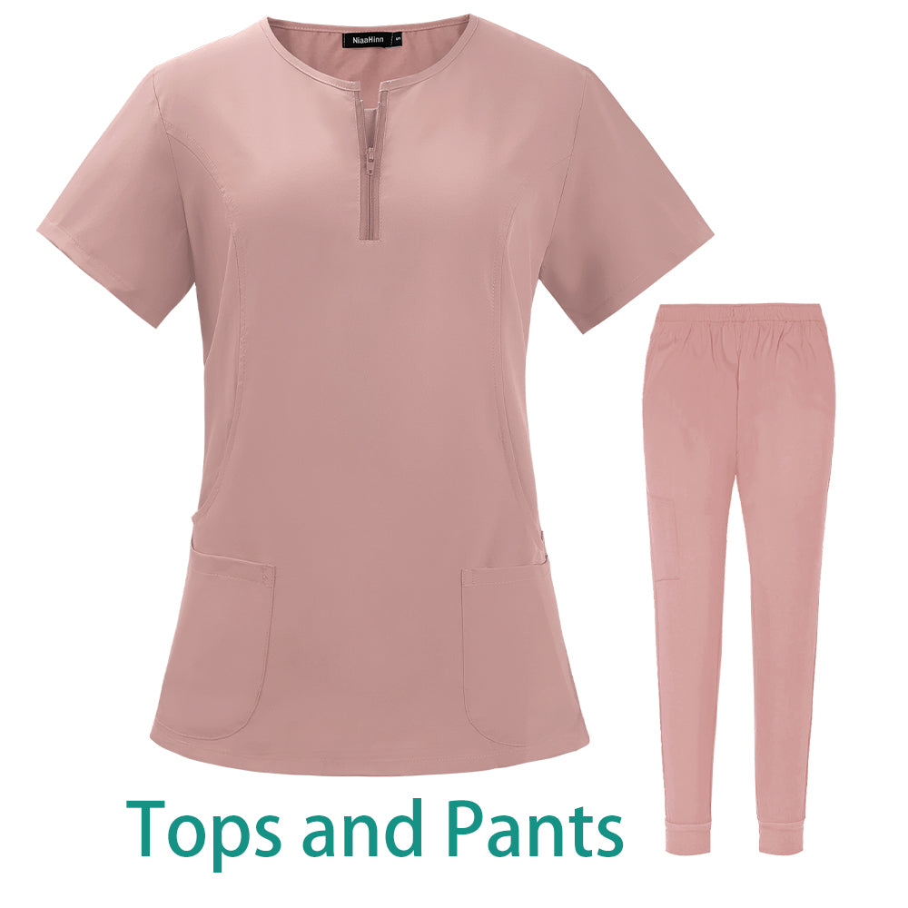 7-color nursing work uniform featuring a zipper V-neck pocket top and matching pants in soft pink fabric.