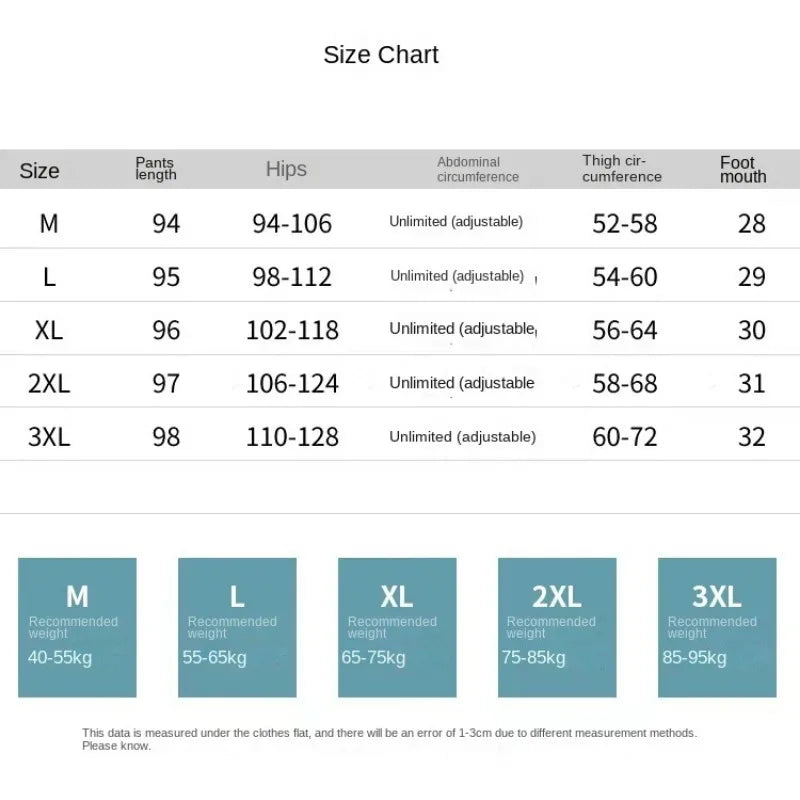 Maternity pants size chart showing measurements for M, L, XL, 2XL, and 3XL with adjustable waist and hip sizes.