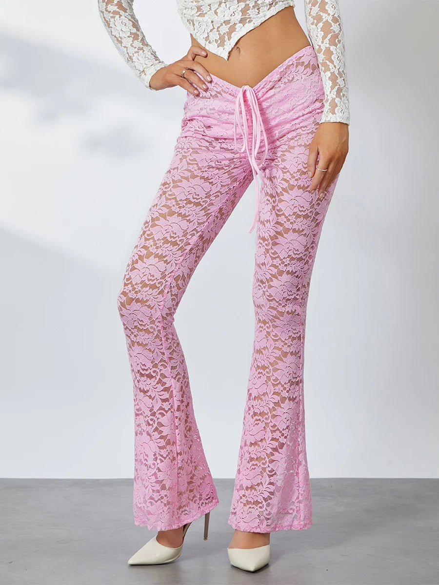 Women Lace Flare See-Through Pants