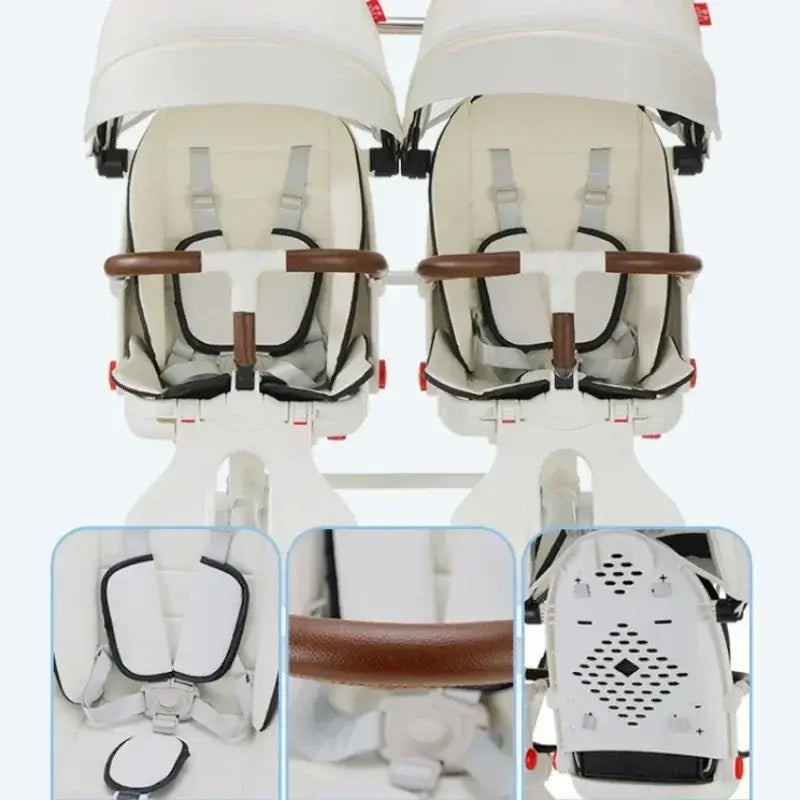 Twin stroller seats with adjustable harnesses and wooden armrests designed for children aged 6 months to 3 years.