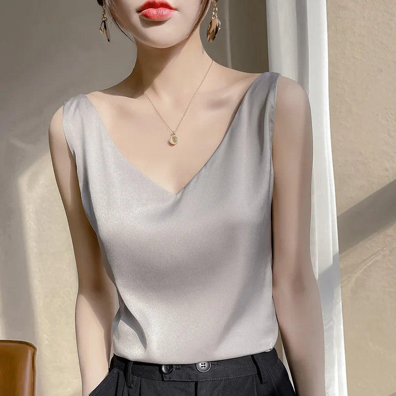 Korean Style V-Neck Solid Tank Top