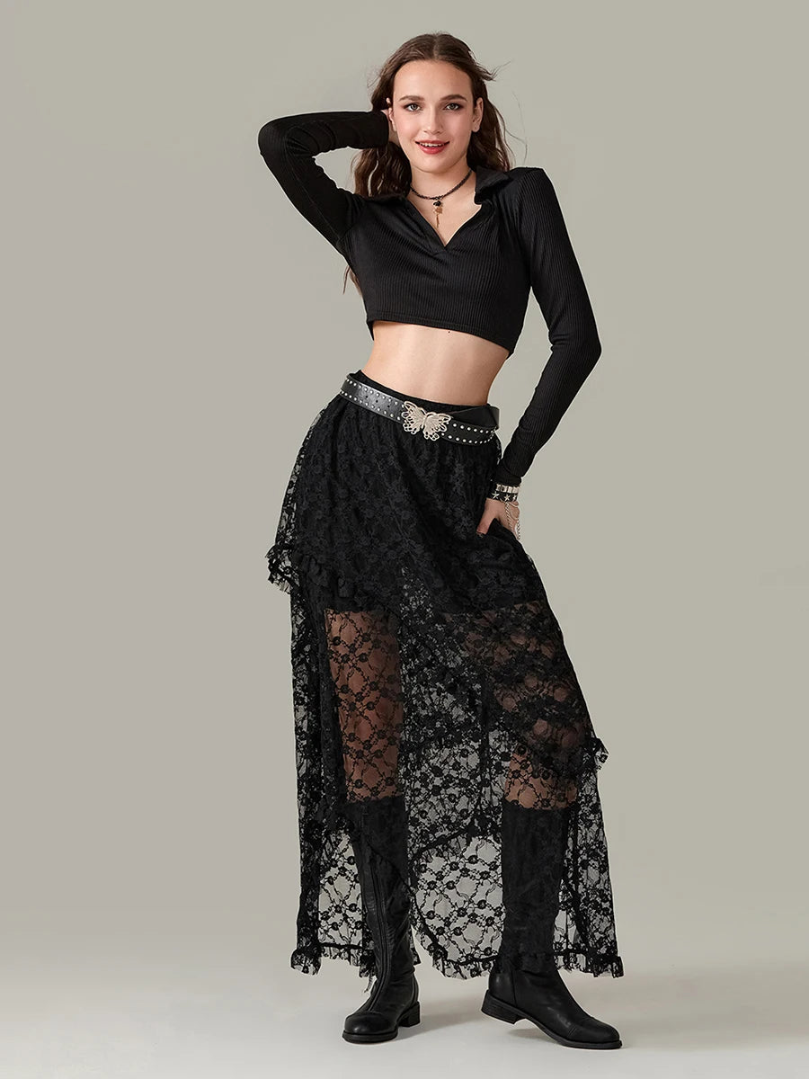 Women Navy Lace Maxi Skirt