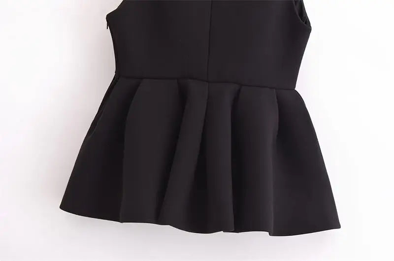 Elegant black V-neck women's tank top with a pleated design, ideal for party wear and autumn occasions.