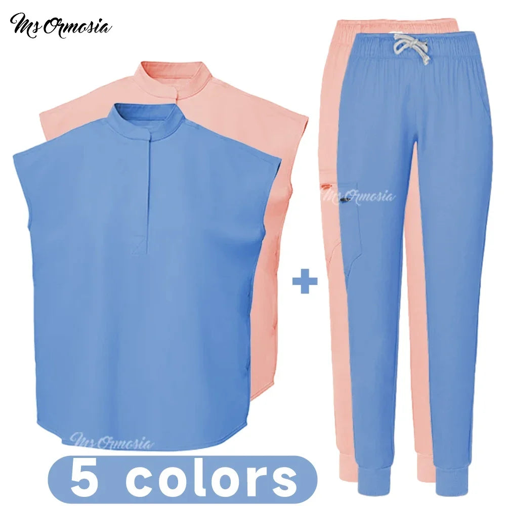 Elastic medical scrub set in blue and pink, available in 5 colors, ideal for healthcare professionals and spa use.