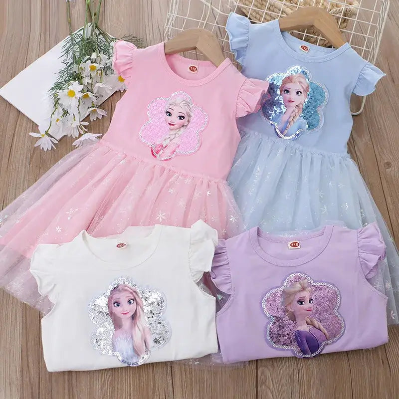 Four summer princess dresses for girls featuring cartoon characters, in pink, blue, purple, and white colors.