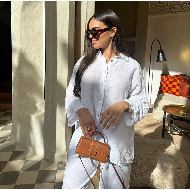 طقم بنطال نسائي من القطن بقصة واسعة