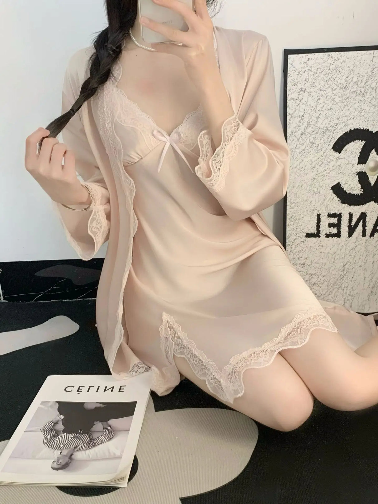 طقم رداء نوم ساتان نسائي