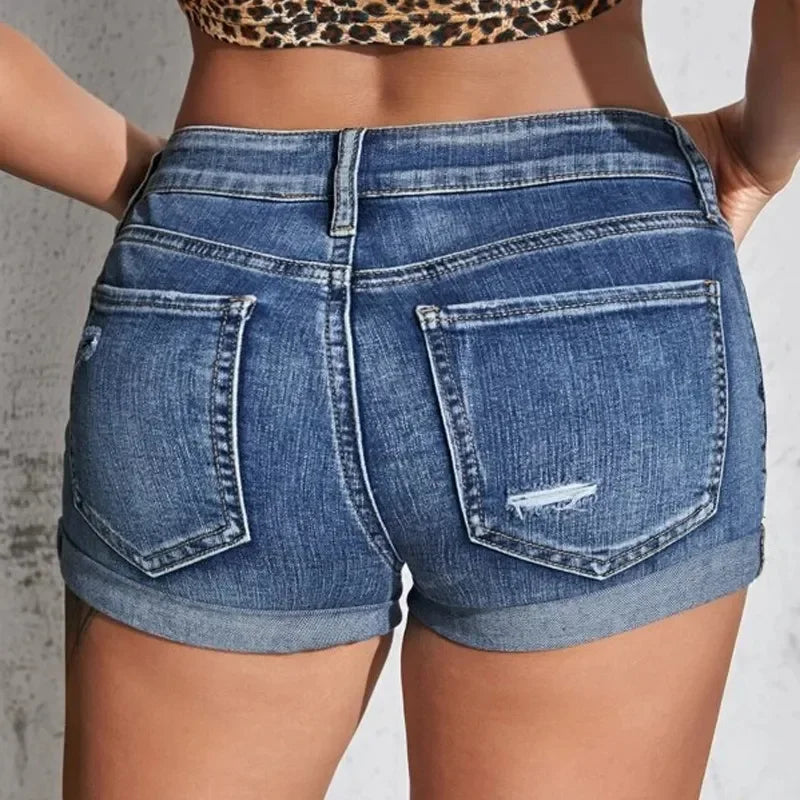 Women's Mid Waist Denim Shorts for Summer Beach Style