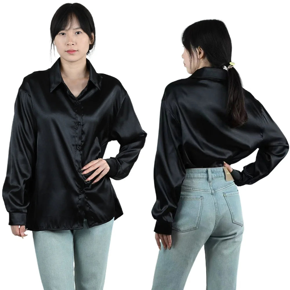 SilkAura™ imitation silk blouse in black, featuring a smooth business casual design and elegant loose fit.
