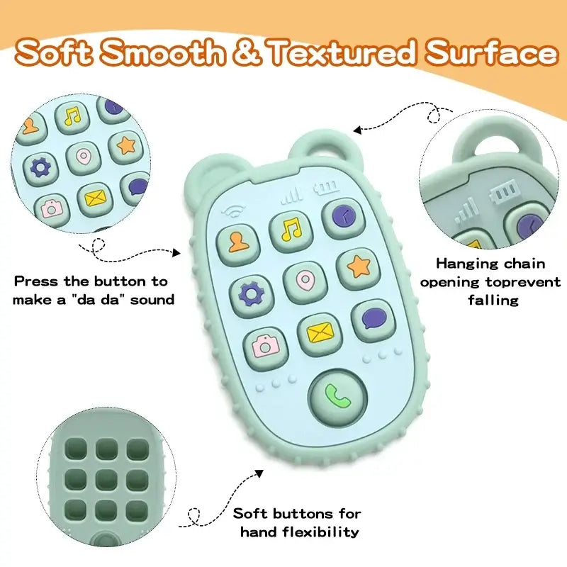 Soft silicone remote control for kids with textured surface and buttons for flexibility and sound effects.
