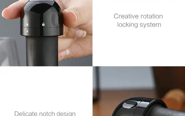 Close-up of a vacuum wine bottle cap stopper showcasing the creative rotation locking system and delicate notch design.