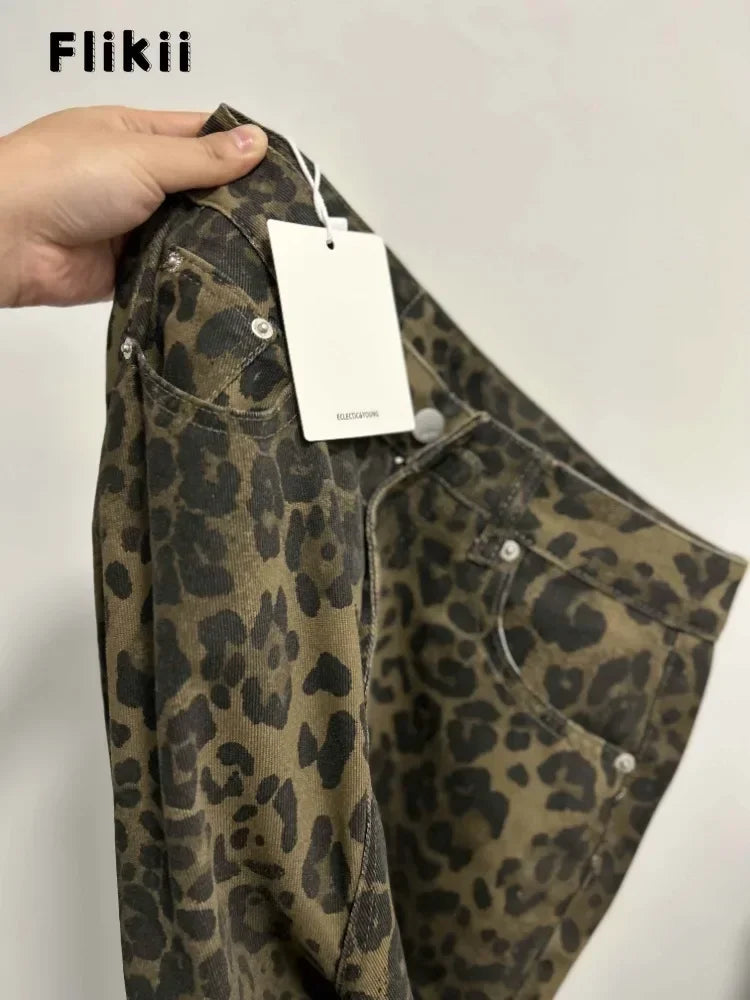 Leopard Print Retro Baggy Denim Pants